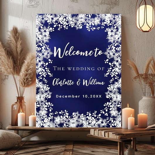 Poster Navy blue snowflakes wedding welcome sign