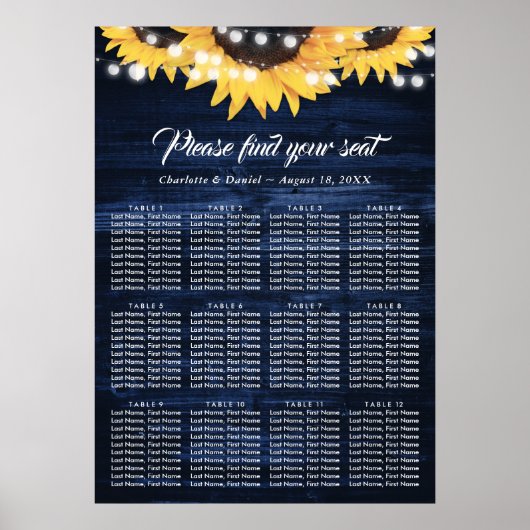 Poster Navy Blue Sunflower Rustic Wood Seating Chart 12 (Devant)