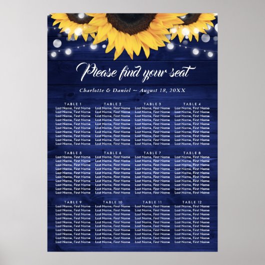 Poster Navy Blue Wood Sunflower Wedding Seating Chart 12 (Devant)