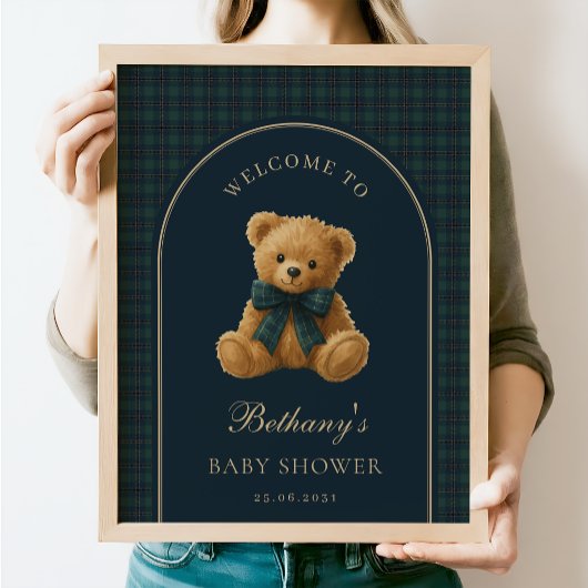 Poster Navy Green Plaid Teddy Bear Baby Shower Welcome