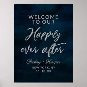 Poster Navy Luster Blue Happily Ever After Reception Sign