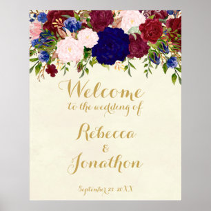 Poster navy marsala floral wedding welcome sign modern