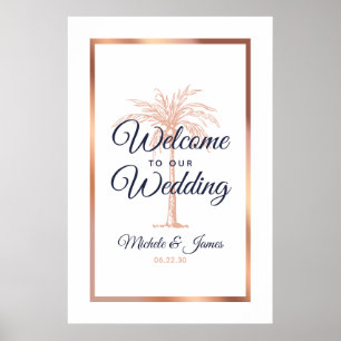 Poster Navy Rose Gold Arbre de Palmier Mariage Bienvenue