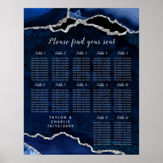 Poster Navy Silver Agate Wedding Seating Chart 12 Table (Devant)