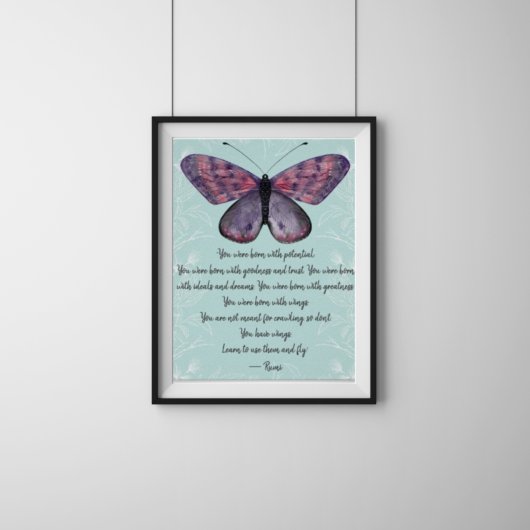 Poster Né Avec Ailes Rumi Citation Papillon