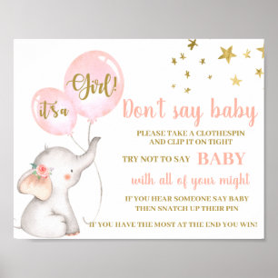 Poster Ne pas dire Baby shower fille rose éléphant signe