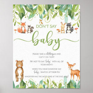 Poster Ne pas dire Baby shower Game Woodland Green Sign
