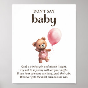 Poster Ne pas dire bébé Teddy ours fille Baby shower jeu