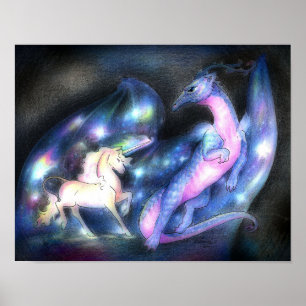 Poster Nébuleux : licorne et dragon