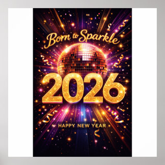 Poster Née pour briller 2026 Boule disco Bonne année
