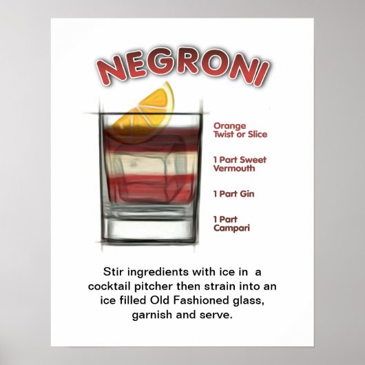 Poster NEGRONI 16" x 20" Cocktail Recette Art (Devant)