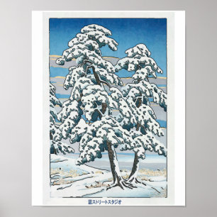 Poster Neige, arbre et montagne japonais