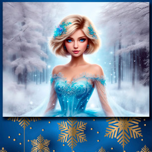 Poster Neige fille bleu hiver flocons de neige mignonette