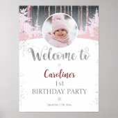 Poster Neige rose gris hiver 1er anniversaire Bienvenue P (Devant)