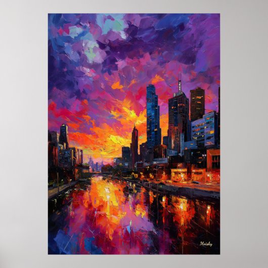 Poster Neo Expressionist Melbourne Skyline Vibrant Sunset (Devant)
