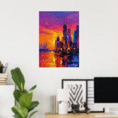 Poster Neo Expressionist Mumbai Skyline Vibrant Sunset (Bureau à domicile)