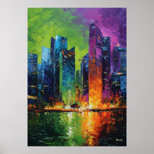 Poster Neo Expressionist Singapore Skyline Vibrant Sunset (Devant)