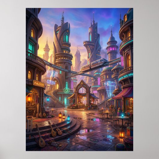 Poster Neon Alien City Sunset Square (Devant)