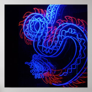 Poster Neon Blue Dragon Black Arrière - plan brillant