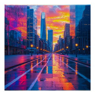 Poster Neon Cityscape at Sunset Futuristic Urban