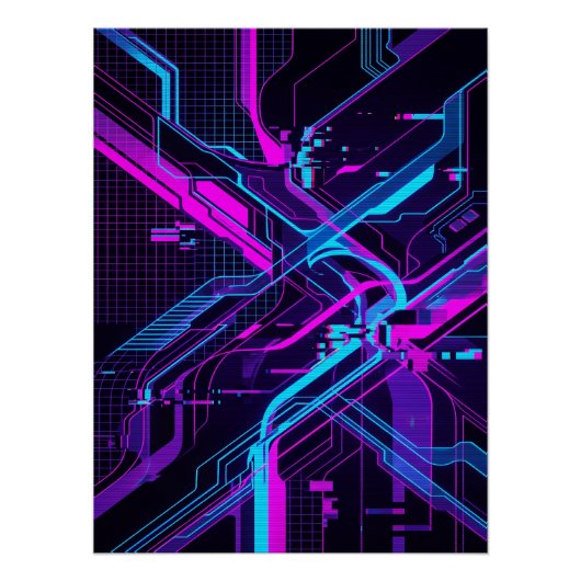 Poster Neon Cyberpunk Abstract Glitch Art (Devant)