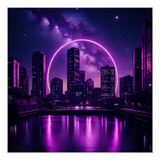 Poster Neon Cyberpunk Cityscape - Futuriste Purple