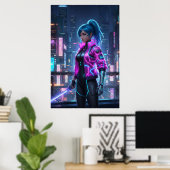 Poster Neon Cyberpunk Girl | Futuristic City Warrior (Bureau à domicile)