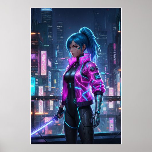 Poster Neon Cyberpunk Girl | Futuristic City Warrior (Devant)