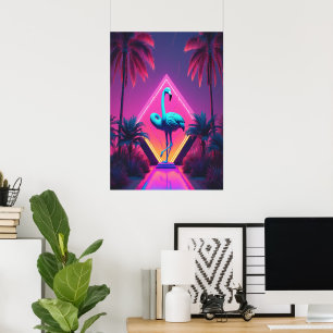 Poster Neon Flamant rose Palmiers Vaporwave Esthétique