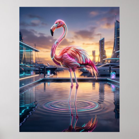 Poster Neon Flamingo Sunset Marina (Devant)
