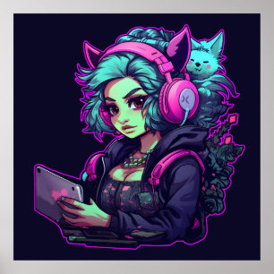 Poster Neon gamer fille