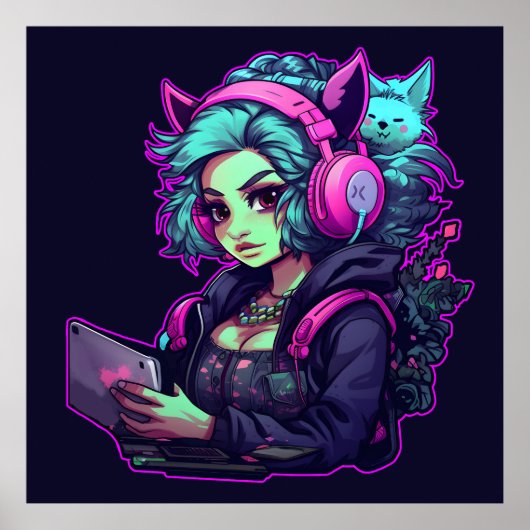 Poster Neon gamer fille (Devant)