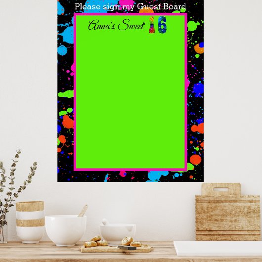 Poster Neon Glow Paint Splatter Sweet 16 Planche d'hôtes (Cuisine)