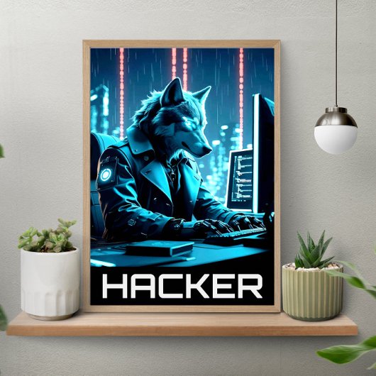 Poster Neon Hacker Wolf Cyberpunk Style