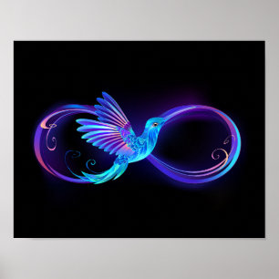 Poster Neon Infinity Symbol with Glowing Hummingbird