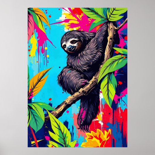 Poster Neon Jungle Sloth - Color Splash Animal Art (Devant)