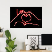 Poster Neon Love Hand Heart Line Art Drawing Cute Modern (Bureau à domicile)