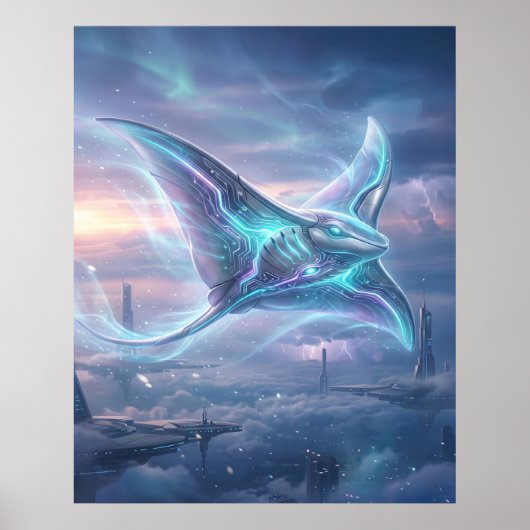 Poster Neon Manta Ray Sky Ocean (Devant)
