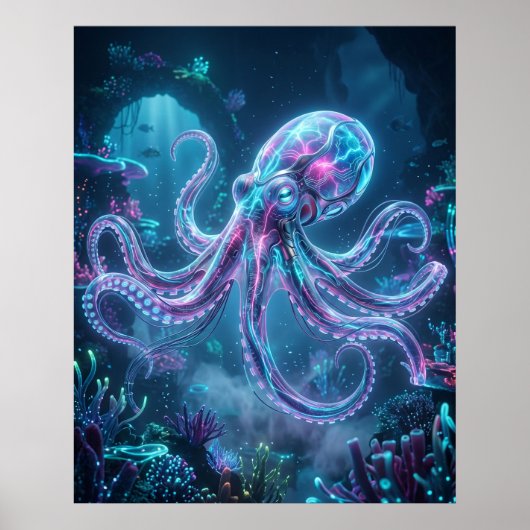 Poster Neon Octopus Data Reef (Devant)
