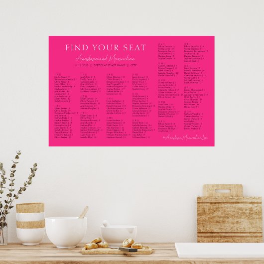 Poster Neon Pink Basic Wedding Alphabetical Seating Chart (Cuisine)