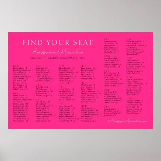 Poster Neon Pink Basic Wedding Alphabetical Seating Chart (Devant)