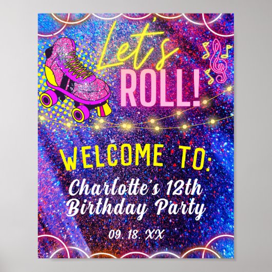 Poster Neon Pink Roll Roller Skating Party Bienvenue (Devant)