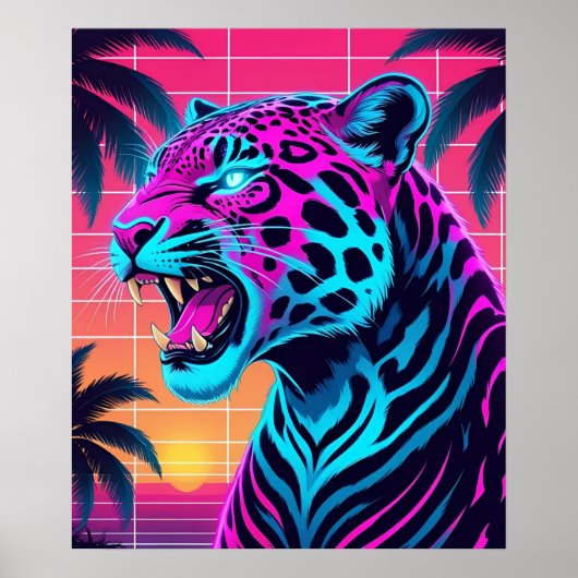 Poster Neon Retro Jaguar - Vibrant Synthwave 80s Animal D (Devant)