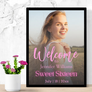 Poster néon rose girly élégant photo doux 16 bienvenue