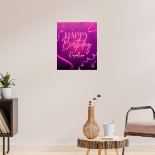 Poster Neon rose violet Confetti Joyeux anniversaire