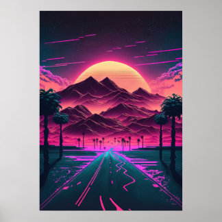 Poster Neon Sunrise au-dessus des montagnes