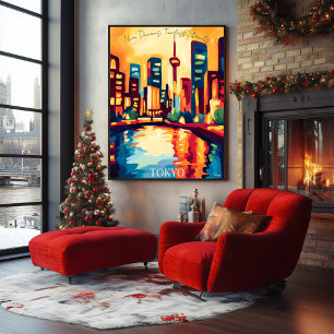 Poster Neon Tokyo Skyline en style Fauvist Abstrait