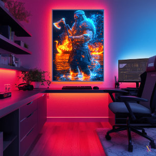 Poster Neon Viking Berserker - Cyber Norse Warrier