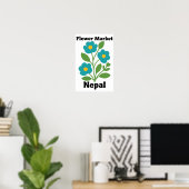 Poster Nepal Flower Market Teal Blossom & Green Leaf (Bureau à domicile)