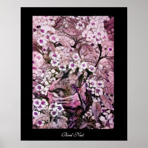 POSTER NEST D'OISEAU, ARBRE ROSE BLANC FLEURS DE PRINTEMP